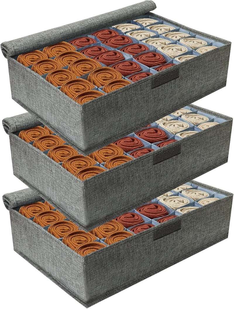 PINGMIC Gray Sock Organizer Divider 3 Pack with Lid - 30 Cell Foldable Closet Storage, Tie Organizer For Men Boxes for Socks, Ties, Belts - Image 1